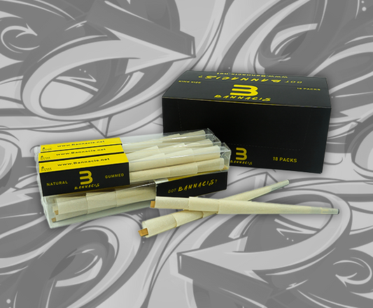 pre rolled cones in black and yellow bannacis branded box