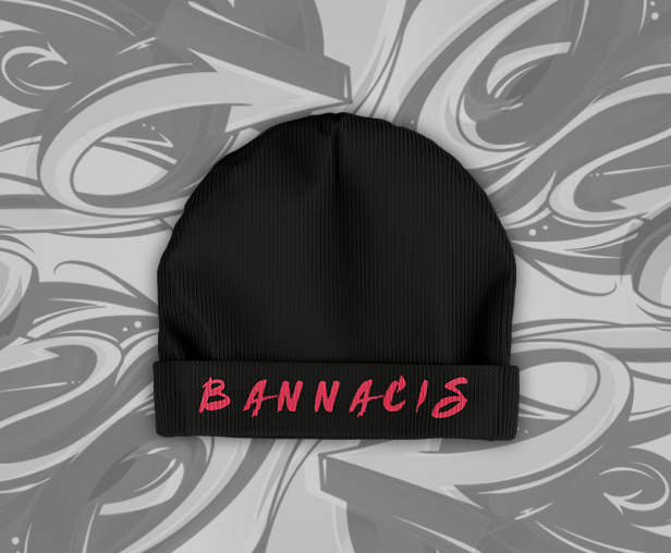 Bannacis black beanie hat front with red text