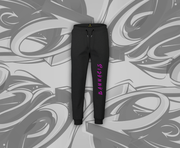 black joggers, purple Bannacis text